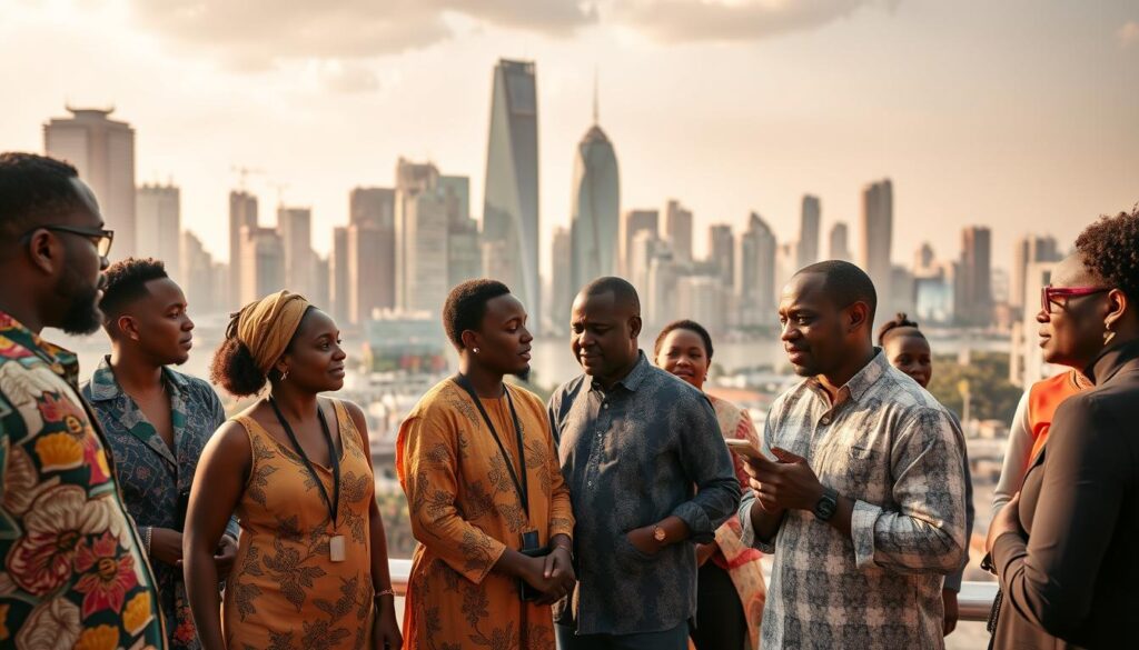 A bustling African city skyline, with towering skyscrapers and modern architecture, serves as the backdrop. In the foreground, a diverse group of entrepreneurs engage in lively discussions, exchanging ideas and plans. They are dressed in a mix of traditional and contemporary attire, reflecting the fusion of heritage and innovation. The lighting is warm and golden, casting a an energetic glow over the scene. The camera angle is slightly elevated, capturing the dynamism and optimism of the entrepreneurs as they pioneer new ventures, driving economic growth and social transformation across the continent.