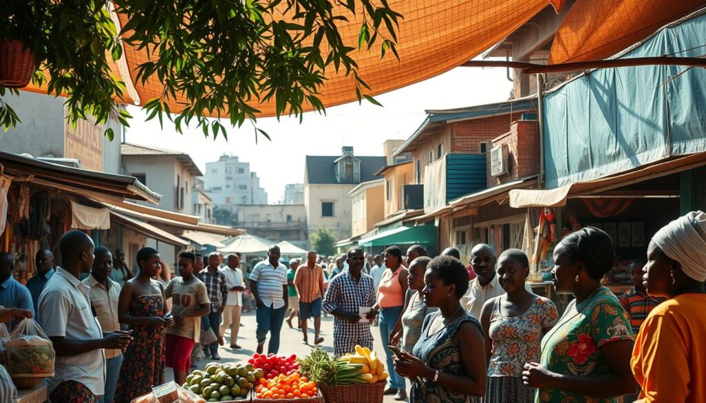 A bustling African town square, sun-dappled and vibrant. In the foreground, local entrepreneurs showcase their wares - handcrafted goods, fresh produce, and innovative tech solutions. The middle ground features small business owners engaged in animated discussions, sharing ideas and strategies. In the background, a mix of traditional and modern architecture frames the scene, suggesting the blend of old and new driving local enterprise. Warm lighting and a sense of community pervade the atmosphere, capturing the resilience and ingenuity of African entrepreneurship in action.