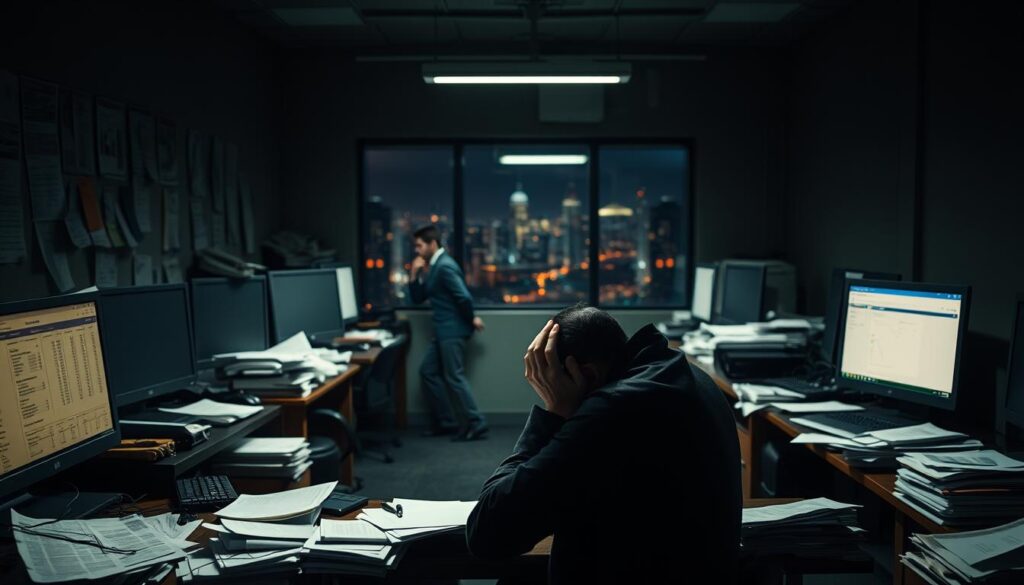 A dimly lit office space, with desks and computers arranged in a cluttered, chaotic manner. In the foreground, a small business owner sits at a desk, head in hands, stressed expression on their face. Around them, piles of documents and financial statements litter the workspace, conveying the challenges of securing financing. The middle ground depicts a businessperson on a phone, seemingly negotiating with a loan officer. In the background, a blurred city skyline suggests the broader economic landscape. The scene is illuminated by a single, harsh light source, casting deep shadows and creating a sense of tension and difficulty. The overall mood is one of frustration, uncertainty, and the uphill battle faced by African small and medium enterprises in obtaining the necessary funding to grow and thrive.