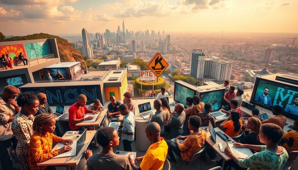 A dynamic landscape showcasing Africa's tech education initiatives. In the foreground, a diverse array of young tech enthusiasts engaged in hands-on workshops, coding sessions, and digital skills training. The middle ground features modern, well-equipped classrooms and innovation hubs, with vibrant murals and interactive displays. In the background, a skyline of bustling cities, symbolizing the rapid growth and interconnectedness of the continent's tech ecosystem. Warm, natural lighting illuminates the scene, creating a sense of optimism and possibility. Captured through a wide-angle lens, the image conveys the energy, inclusivity, and transformative potential of these key digital skills initiatives empowering African youth.