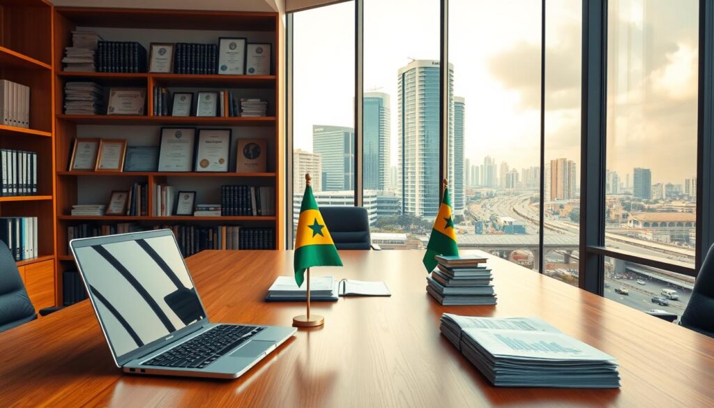 A modern office space with warm, natural lighting filtering in through large windows. In the foreground, a sleek wooden desk with a laptop, a calculator, and stacks of financial documents. On the desk, a Ghanaian flag stands proudly. In the middle ground, a bookshelf filled with business and accounting books, along with framed certificates and awards. The background showcases the cityscape of Accra, Ghana, with its iconic skyscrapers and bustling streets. The overall atmosphere conveys a sense of professionalism, efficiency, and a thriving business environment.