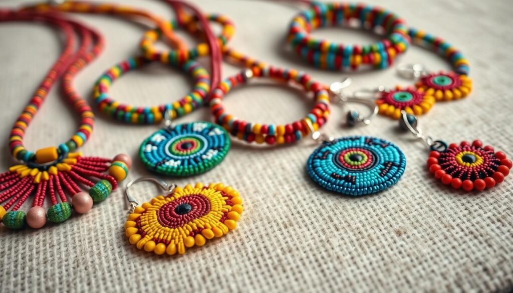 High-quality close-up macro photograph of an array of vibrant, handcrafted African beadwork jewelry pieces, including necklaces, bracelets, and earrings, showcasing intricate patterns and bold colors typical of traditional African bead work. The jewelry is arranged on a neutral, textured background that enhances the artisanal, ethnic aesthetic. Soft, directional lighting from the side creates depth and highlights the dimensional, sculptural qualities of the beadwork. The overall composition is balanced, drawing the viewer's eye to appreciate the skilled craftsmanship and cultural heritage embodied in these unique, one-of-a-kind adornments.