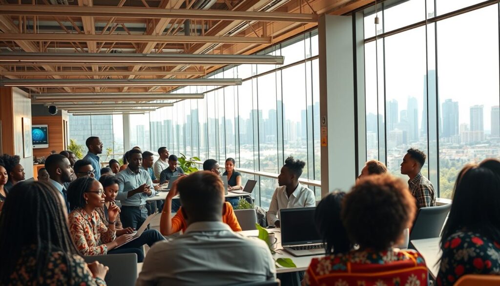 Vibrant African tech incubators and accelerators, bustling with energy and innovation. A dynamic landscape of modern office spaces, filled with diverse teams collaborating on cutting-edge ideas. In the foreground, passionate entrepreneurs pitch their solutions to a panel of seasoned investors, their faces alight with determination. Surrounding them, a network of mentors and industry experts provide guidance, their experience distilled into insightful conversations. In the background, the skyline of a thriving African city frames the scene, a testament to the continent's growing technological prowess. Warm, natural lighting casts a glow over the proceedings, highlighting the spirit of entrepreneurship and the promise of transformative change.