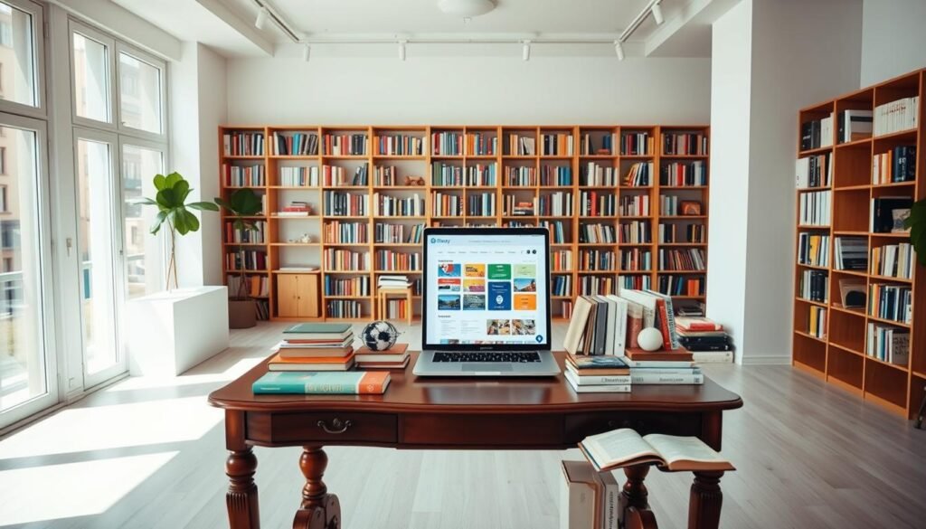 A bright, airy studio setting showcasing a wide variety of language learning options on the Preply platform. In the foreground, an elegant wooden desk displays various language books, dictionaries, and learning materials in multiple scripts. On the desk, a laptop screen displays the Preply website, highlighting the diverse language choices available. In the middle ground, floor-to-ceiling bookshelves line the walls, filled with language-learning resources. Soft, natural lighting filters in through large windows, creating a warm, inviting atmosphere. The background features a minimalist, modern decor, with clean lines and a neutral color palette, allowing the language learning materials to take center stage.