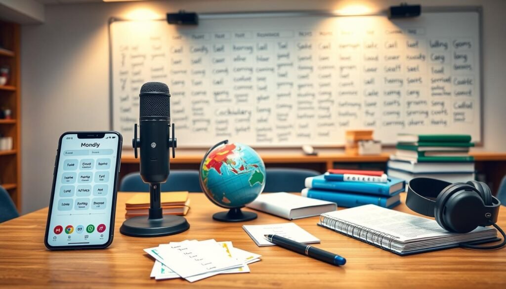 A bright, modern classroom setting with a variety of language learning tools arranged neatly on a wooden desk. In the foreground, a sleek smartphone displaying the Mondly app's intuitive interface, surrounded by colorful flashcards, a high-quality microphone, and a pair of comfortable headphones. In the middle ground, a textbook, a notebook, and a pen rest alongside a globe and a stack of language dictionaries. The background features a large whiteboard filled with vocabulary words and grammar concepts, illuminated by warm, directional lighting from overhead. The overall atmosphere is one of focused, productive language learning.