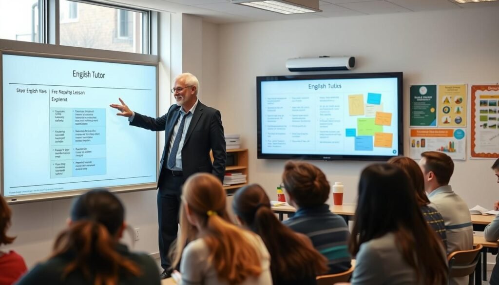 A classroom setting with an experienced English tutor standing at the front, gesturing to a digital whiteboard displaying a step-by-step lesson plan. The tutor is dressed professionally, with a warm, friendly expression. The classroom is well-lit, with large windows allowing natural light to filter in. In the foreground, a group of students, representing diverse backgrounds, are engaged in the lesson, taking notes and actively participating. The background features educational posters and learning materials, creating an atmosphere of focused learning and exploration.