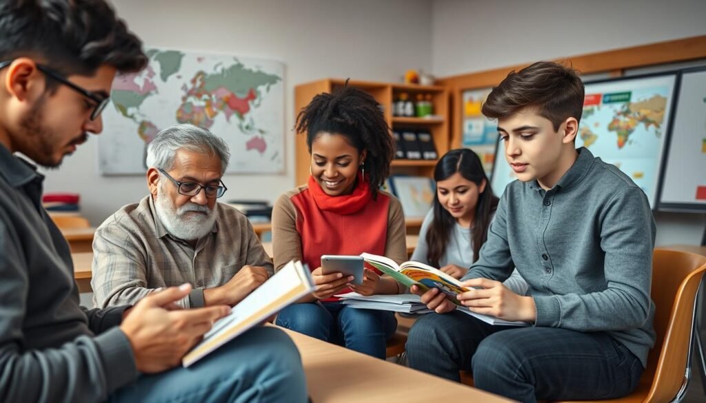 A classroom setting with four students of varying ages and backgrounds, each engaged in different language learning activities. The foreground features a young adult student studying a textbook, an elderly student using a tablet, and a teenage student practicing conversation with a peer. The middle ground showcases a diverse group of students collaborating on a language learning project, using various resources and technologies. The background depicts a well-equipped language learning lab, with language maps, posters, and a large interactive display board. The scene is illuminated by soft, natural lighting, creating a warm and inviting atmosphere conducive to effective language acquisition.