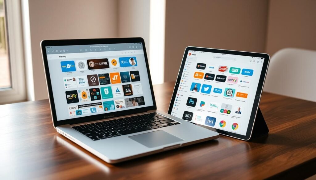 A clean, minimalist workspace with a MacBook Pro and an iPad Pro prominently displayed on a sleek wooden desk. The devices showcase a subscription-based app library, with various icons and thumbnails showcasing a wide range of productivity tools. The lighting is soft and natural, casting a warm glow on the scene. The background is blurred, keeping the focus on the devices and the app library. The overall atmosphere is one of efficiency, organization, and a seamless integration of technology into the workflow.