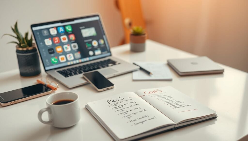 A clean, minimalist workspace with a laptop, smartphone, and various productivity apps displayed on the screen. In the foreground, a table with neatly arranged office supplies, a steaming cup of coffee, and a sketchpad showcasing a handwritten pros and cons list. The middle ground features a subtle grid layout, highlighting the comparative analysis. The background is a soft, neutral-toned environment, emphasizing the focus on the task at hand. The lighting is warm and natural, creating a productive and contemplative atmosphere.