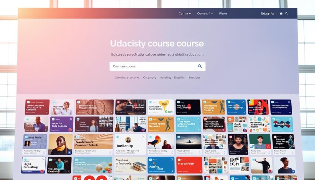 A clean, modern UI design showcasing Udacity's diverse course catalog. The foreground features a grid layout of course thumbnails, each with a clear title and subject icon. The middle ground displays a search bar and category filters, allowing users to easily navigate the selection. In the background, a subtle grid pattern and gradient backdrop create a sleek, professional atmosphere. Bright, natural lighting casts a warm glow, while a slightly low camera angle emphasizes the comprehensive course offerings. The overall composition conveys Udacity's commitment to expert-led, accessible online education.