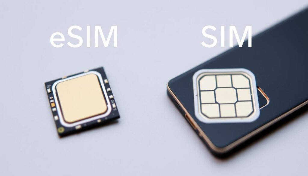 A close-up comparison of an eSIM chip and a traditional SIM card, shot from an angle that highlights their distinct form factors. The eSIM, a thin, embedded component, contrasts with the thicker, removable SIM card. The image is crisp and well-lit, with a clean, minimal background that allows the technology to take center stage. The overall composition conveys the key differences between these two mobile connectivity solutions in a clear, informative manner.