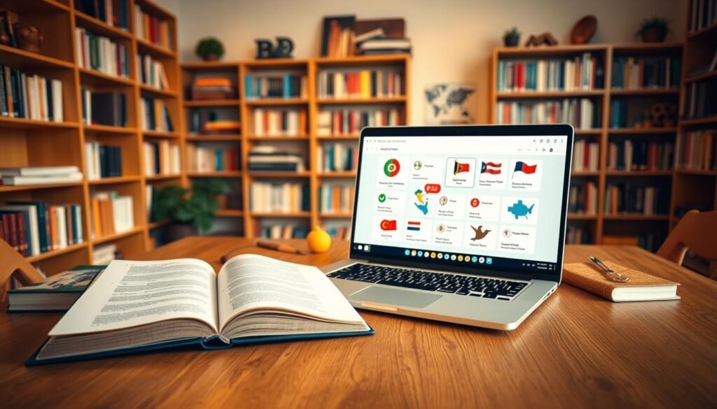 A cozy online learning environment with a wooden desk, an open book, and a laptop displaying interactive language lessons. Warm lighting illuminates the scene, creating a comfortable and focused atmosphere. In the background, bookcases filled with language-learning resources line the walls, suggesting a well-equipped study space. The camera angle is slightly elevated, capturing the entire setup in a clean, organized composition that emphasizes the digital and analog tools available for online language education.