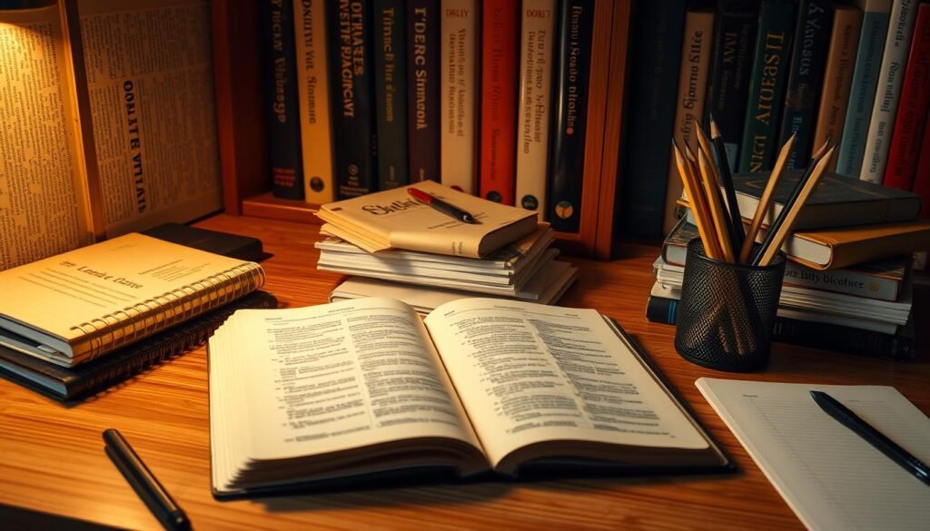 A cozy study nook with a wooden desk and an assortment of language learning materials - spiral-bound notebooks, stacked textbooks, and a cup of freshly sharpened pencils. Soft, warm lighting illuminates the scene, casting a gentle glow on the well-worn pages of an open dictionary. In the background, a bookshelf filled with language dictionaries and phrasebooks creates a sense of academic ambiance. The overall atmosphere conveys a peaceful, focused environment dedicated to the pursuit of language mastery through diligent practice and study.