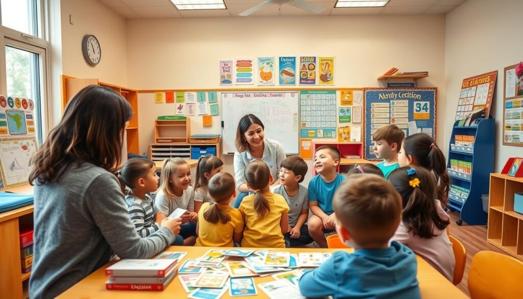 A cozy, well-lit classroom with an array of engaging educational tools and activities. In the foreground, a group of young students gathered around a teacher, their faces alight with curiosity as they participate in a hands-on English lesson. The middle ground features a diverse collection of learning materials - colorful flashcards, interactive whiteboards, and educational posters adorning the walls. The background showcases a warm, inviting atmosphere with large windows allowing natural light to flood the space, creating a nurturing and stimulating environment for interactive English learning.