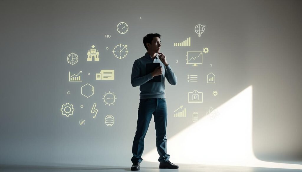 A crisp, high-resolution image of a human figure confidently wielding a set of data science tools, against a clean, minimalist backdrop. The figure stands in a thoughtful, focused pose, surrounded by glowing data visualizations and icons representing programming languages, statistical analysis, and machine learning algorithms. Soft, directional lighting from the right casts dramatic shadows, creating a sense of depth and emphasis on the key elements. The overall mood is one of mastery, expertise, and the journey of mastering in-demand data science skills.