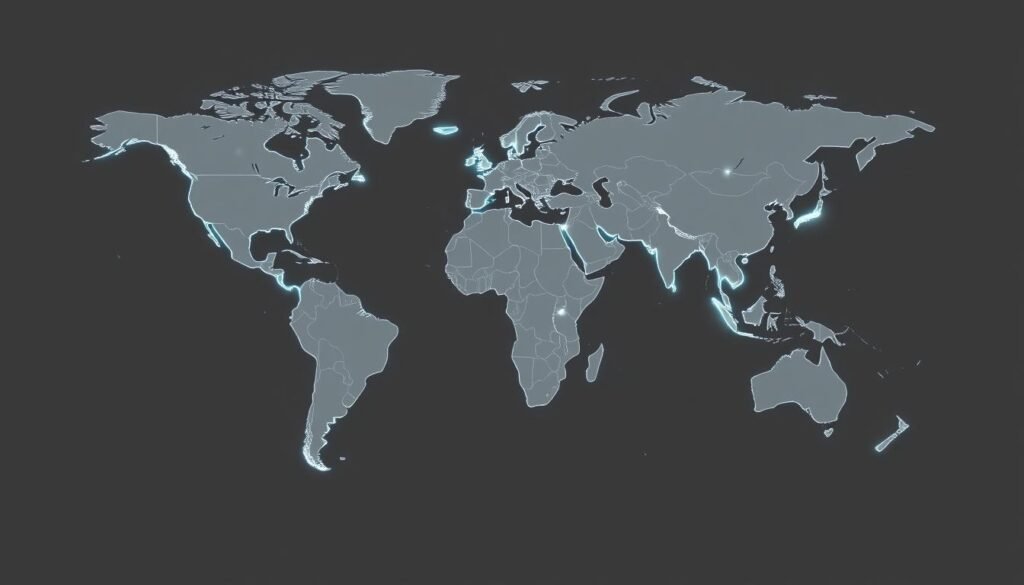 A detailed global coverage map of Saily's eSIM service, showcasing seamless worldwide connectivity. The map is rendered in a clean, minimalist style, with sharp, high-contrast lines delineating country borders and major landmasses. The continents are depicted in a muted, monochromatic palette, allowing the vibrant, pulsing network of Saily's global coverage to take center stage. Elegant, glowing lines trace the reach of the eSIM service, creating a visually striking representation of Saily's worldwide accessibility. The map is framed by a sleek, modern design, conveying a sense of technology, innovation, and reliability. Soft, directional lighting casts subtle shadows, adding depth and dimension to the overall composition.