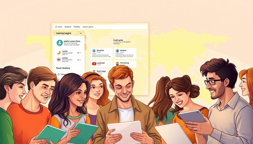 A detailed, vibrant illustration of Babbel's language learning methodology. In the foreground, a group of diverse learners actively engaged in interactive exercises, their faces animated with focus and curiosity. In the middle ground, a sleek, modern user interface showcasing Babbel's adaptive lesson plans and personalized feedback. The background depicts a stylized world map, symbolizing the global reach and multilingual capabilities of the platform. Warm, natural lighting illuminates the scene, creating a sense of inviting, collaborative learning. The overall composition conveys Babbel's proven, immersive approach to effective language acquisition.