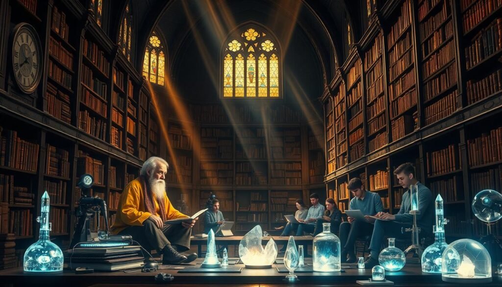 A dimly lit, ancient library filled with antique tomes and glowing crystals. In the foreground, a wise, elderly scholar sits cross-legged, deep in contemplation, surrounded by modern scientific instruments and holographic displays. Beams of warm, golden light filter through stained glass windows, creating an atmosphere of timeless wisdom and discovery. The middle ground features younger researchers collaborating, their faces illuminated by the glow of laptop screens. In the background, towering bookshelves blend seamlessly with futuristic technology, hinting at the synergy between ancient knowledge and cutting-edge science. The scene exudes a sense of tranquility, introspection, and the limitless potential of blending timeless wisdom with modern innovation.