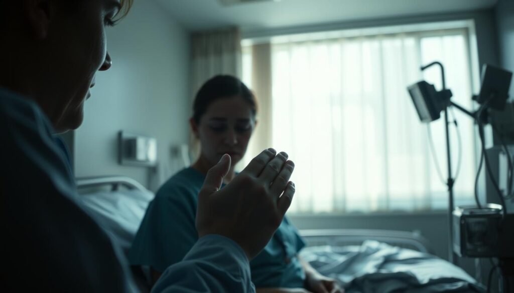 A dimly lit hospital room, the patient's face etched with distress. In the foreground, a nurse gently holds their hand, offering a compassionate presence. The middle ground showcases medical equipment, conveying the gravity of the situation. In the background, a window filters in muted sunlight, casting a somber mood. Soft, directional lighting illuminates the scene, creating a sense of tenderness and concern. The overall atmosphere evokes the need for specialized, empathetic mental health support, reflecting the challenges faced by those who may not be suitable for online therapy.
