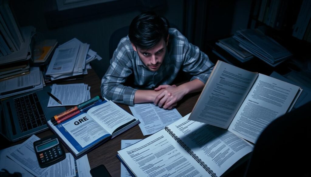A dimly lit study room, books and papers scattered across the desk, a laptop and a calculator abandoned. Two exam prep books, one labeled "GRE" and the other "GMAT", lie open, pages turned haphazardly. A pensive expression on the face of a frustrated student, fingers tapping the keyboard, grappling with the complexities of these challenging exams. The atmosphere is tense, the lighting moody, conveying the stress and difficulty of navigating these standardized tests. A sense of overwhelming pressure and the burden of high-stakes preparation permeates the scene.