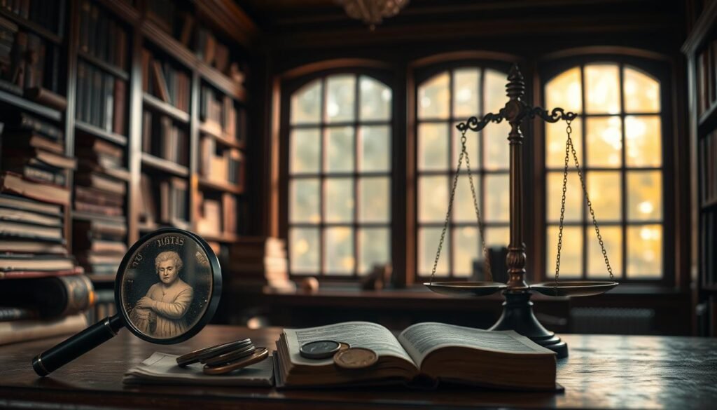 A dimly lit study with stacks of antique books on mahogany shelves. In the foreground, a magnifying glass and a collection of rare coins, symbolizing the thrill of discovery. In the middle ground, a balance scale, weighing the pros and cons of rare book collecting - the joy of preservation against the financial commitment. The background features a large window, casting a warm, golden glow and hinting at the broader world beyond the study, the potential for new finds. The overall mood is one of contemplation, the interplay of intellect and passion that defines the rare book enthusiast.