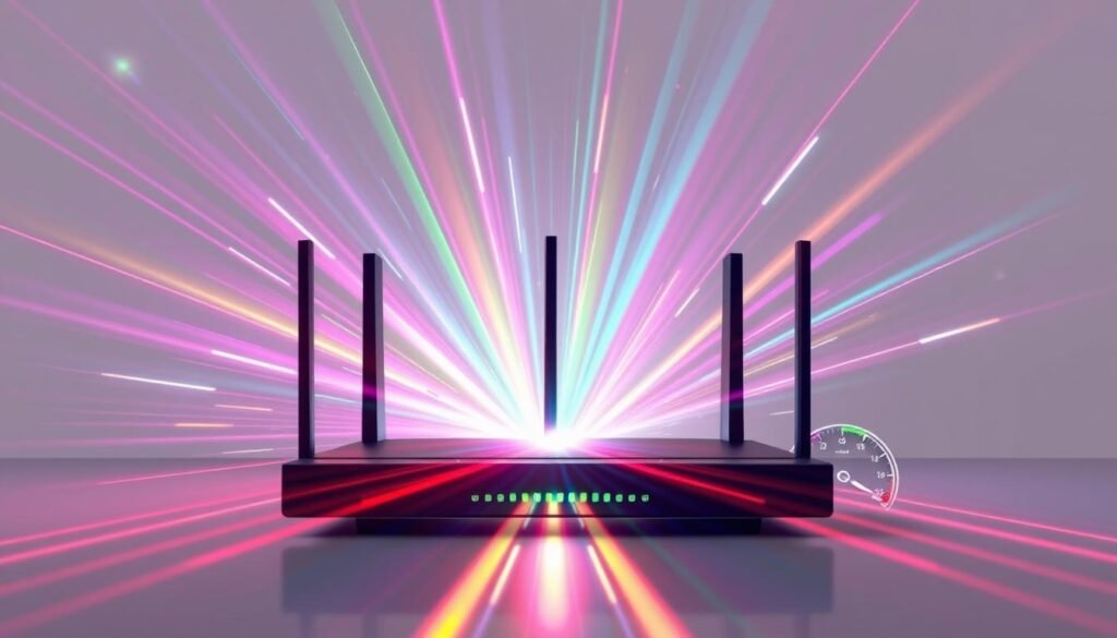 A dynamic and visually striking illustration of NordVPN's speed performance. Set against a clean, minimalist background, the foreground features a sleek, high-tech router device casting vibrant, multicolored beams of light. These energy waves radiate outward, symbolizing the lightning-fast, secure internet connectivity that NordVPN provides. The middle ground showcases a series of speedometers and performance metrics, their needles surging towards the red zone, capturing the exceptional throughput and low latency of the VPN service. The overall mood is one of power, precision, and technological prowess, perfectly encapsulating the essence of NordVPN's speed and performance capabilities.