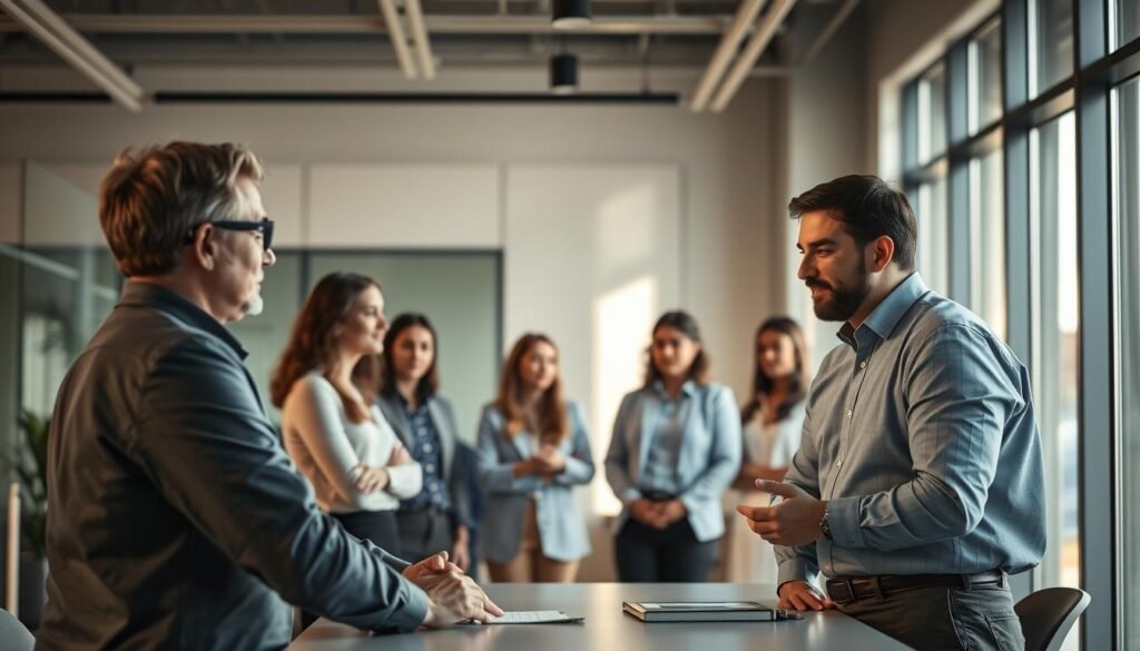 A group of tech industry mentors conversing in a modern office setting. In the foreground, three experienced professionals dressed in business casual attire are gathered around a table, engaged in an animated discussion. Soft, natural lighting filters through large windows, casting a warm, collaborative atmosphere. In the middle ground, a diverse team of junior employees listens intently, absorbing the wisdom and guidance of their mentors. The background features sleek, minimalist decor with clean lines and muted tones, highlighting the sophisticated, innovative nature of the tech industry. An air of mentorship, knowledge-sharing, and professional development permeates the scene.