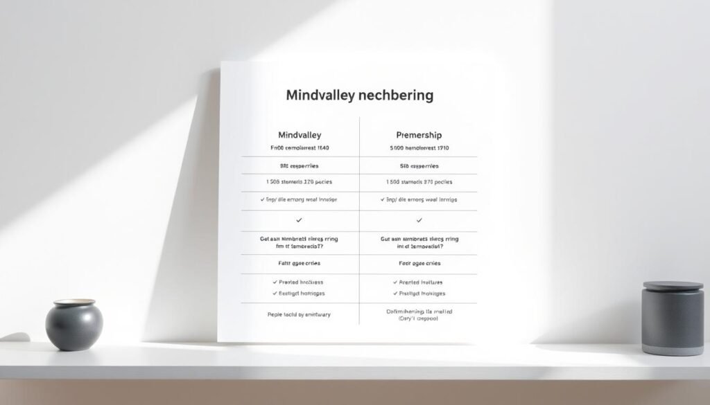 A high-contrast, minimalist comparison chart displaying the pricing tiers and features of a Mindvalley membership. The chart is displayed on a clean, white background, with a soft, natural lighting that casts subtle shadows. The pricing details are presented in a clear, easy-to-read format, highlighting the differences between the membership levels. The overall composition is balanced and visually appealing, drawing the viewer's attention to the key information. The mood is professional and informative, reflecting the subject matter of the "Mindvalley Pricing: Is It Worth the Investment?" section.