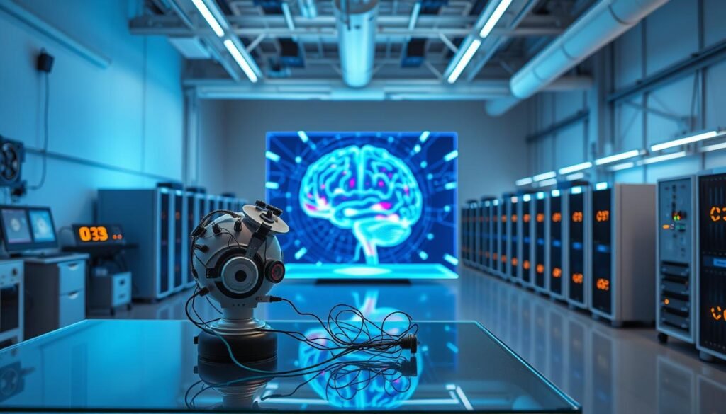 A high-tech laboratory, bathed in a soft blue glow, showcases the intricate machinery of brain stimulation science. In the foreground, a sleek, futuristic headset adorned with sensors and electrodes sits upon a glass-topped table, hinting at the advanced techniques used to map neural activity. Behind it, a large holographic display projects a detailed 3D model of a human brain, pulsing with vivid colors that represent the complex interplay of neural networks. In the background, rows of high-performance computing rigs and specialized imaging equipment stand ready to process the wealth of data generated by this cutting-edge research. The overall atmosphere evokes a sense of scientific innovation and the relentless pursuit of understanding the mysteries of the human mind. A high-tech laboratory, bathed in a soft blue glow, showcases the intricate machinery of brain stimulation science. In the foreground, a sleek, futuristic headset adorned with sensors and electrodes sits upon a glass-topped table, hinting at the advanced techniques used to map neural activity. Behind it, a large holographic display projects a detailed 3D model of a human brain, pulsing with vivid colors that represent the complex interplay of neural networks. In the background, rows of high-performance computing rigs and specialized imaging equipment stand ready to process the wealth of data generated by this cutting-edge research. The overall atmosphere evokes a sense of scientific innovation and the relentless pursuit of understanding the mysteries of the human mind.
