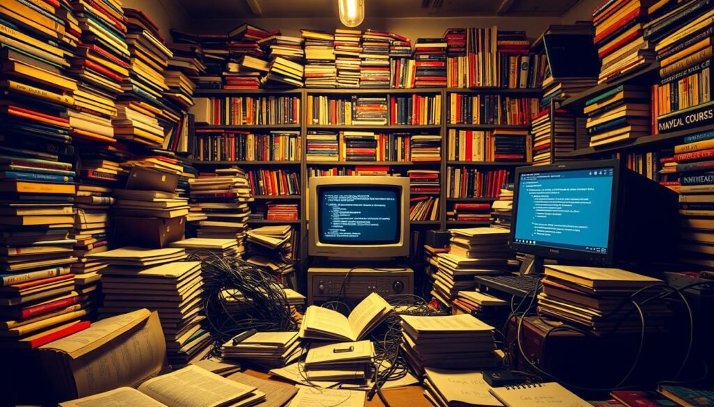 A messy, disorganized Mindvalley course library with haphazardly stacked books, tangled cables, and outdated equipment. The foreground is cluttered with half-open course materials, notes, and abandoned projects. The middle ground features a dated computer monitor flickering with error messages, surrounded by a maze of wires. In the background, shelves are crammed with an overwhelming array of courses, their spines faded and dusty, suggesting a lack of curation and maintenance. Dim, yellowish lighting casts an air of neglect and frustration, highlighting the disarray. The overall atmosphere evokes a sense of overwhelming complexity and the inability to navigate the extensive Mindvalley course offerings effectively.