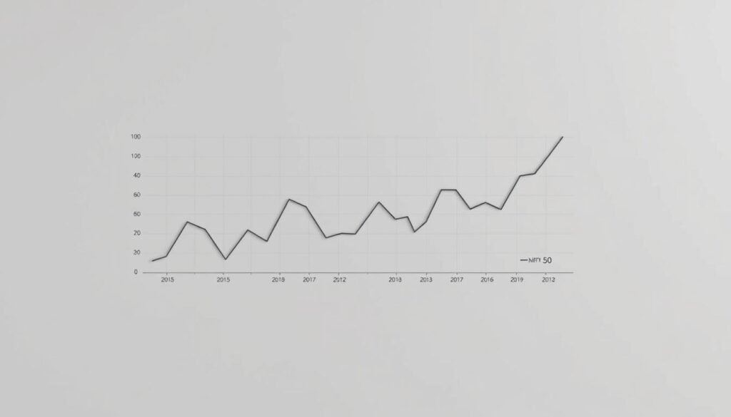 A meticulously crafted line chart against a sleek, minimalist background, showcasing the current performance and trends of the Nifty 50 index. The chart is rendered in muted, sophisticated tones, with clean grid lines and precise labeling. The overall composition exudes a sense of data-driven authority, perfectly suited to illustrate the "Current Nifty 50 Statistics and Trends" section of the article. The lighting is soft and diffused, creating a professional, well-researched aesthetic. The camera angle is angled slightly from above, providing a comprehensive view of the data visualization.