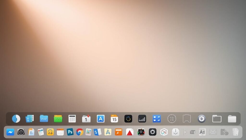 A minimalist and sleek productivity tools menu bar, meticulously customized with a range of essential apps and utilities. The foreground features a clean, organized layout of various icons representing task management, note-taking, communication, and creative tools. The middle ground showcases subtle, muted tones with a focus on user experience and efficiency. The background is a softly blurred, elegant gradient, creating a sense of depth and professionalism. Subtle lighting from the top left casts a warm, natural glow, highlighting the thoughtful curation of the menu bar. The overall composition conveys a sense of productivity, control, and a seamless workflow.