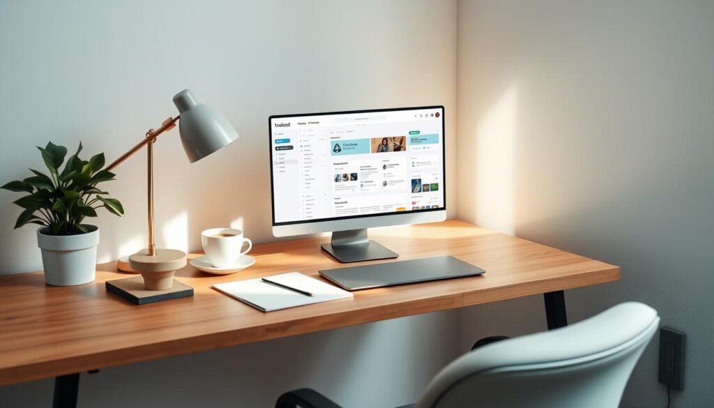 A minimalist home office setup with a clean, organized Todoist dashboard displayed on a laptop screen. The desk features a simple, wooden design with a potted plant and a cup of coffee. Soft, natural lighting filters in through a nearby window, creating a calm and focused atmosphere. The layout is uncluttered, with only essential task management tools and accessories visible, reflecting a beginner's approach to task management. The overall scene conveys a sense of productivity and efficiency, setting the stage for a user's introduction to Todoist's intuitive interface.