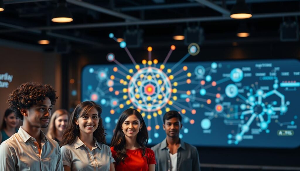 A modern, high-tech tutor matching system with a sleek, intuitive interface. In the foreground, a group of diverse tutors' profiles are showcased, each with their own specialized skills and backgrounds. The middle ground features a sophisticated algorithm analyzing data points to find the perfect tutor-student match. In the background, a dynamic visualization of the system's inner workings, with colorful data streams and interconnected nodes. Warm, inviting lighting and a clean, minimalist aesthetic convey a sense of efficiency and professionalism. The overall scene captures the seamless, personalized experience of Preply's tutor matching capabilities.