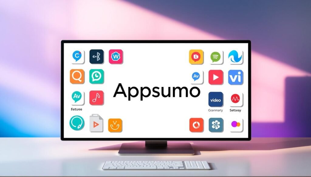 A modern, minimalist desktop featuring a collection of software icons, representing the diverse range of lifetime deals offered by Appsumo. The foreground showcases a sleek Appsumo logo, surrounded by various app logos such as Canva, Grammarly, and Vimeo, each neatly arranged in a grid layout. The middle ground displays a clean, light-colored workspace with a subtle grid pattern, creating a sense of organization and professionalism. The background features a soft, blurred gradient in shades of blue and purple, evoking a sense of digital technology and innovation. Warm, directional lighting casts gentle shadows, adding depth and dimension to the composition. The overall aesthetic is modern, accessible, and visually appealing, reflecting the user-friendly nature of Appsumo's lifetime software deals.