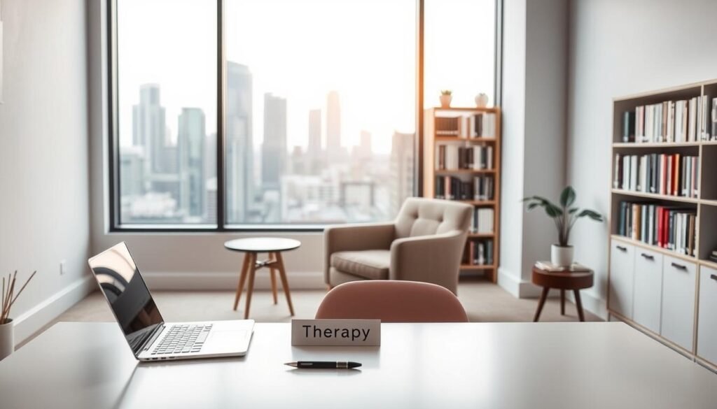 A modern, minimalist office interior with a large window overlooking a city skyline. In the foreground, a clean, uncluttered desk with a laptop, pen, and a simple "Therapy" sign. The middle ground features a comfortable armchair and side table, creating a cozy, inviting space for a client consultation. Soft, indirect lighting casts a warm, calming glow throughout the room. The background showcases a bookshelf filled with therapeutic resources, creating an atmosphere of professionalism and expertise. The overall mood is one of serene productivity, reflecting the ease and accessibility of the online therapy process.
