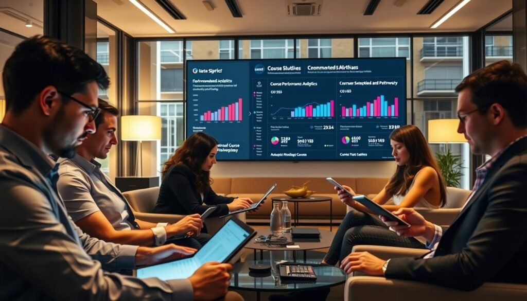 A modern office setting with professionals engaged in data-driven course selection. The foreground features a group of well-dressed individuals intently studying course materials on their laptops and tablets, their faces illuminated by the soft glow of the screens. The middle ground showcases a large interactive display showing course performance analytics and recommended pathways. In the background, sleek furniture and large windows create an atmosphere of productivity and innovation. The lighting is warm and balanced, creating a sense of focus and collaboration. The overall scene conveys a data-driven, technology-forward approach to professional development and career advancement.
