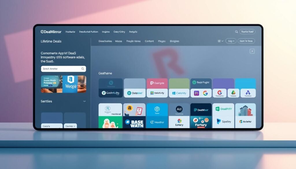 A modern, sleek, and visually striking platform showcasing a variety of lifetime deals and software offers. The foreground features a minimalist, clean-lined interface with carefully curated product tiles, reflecting the innovative and streamlined nature of the DealMirror platform. The middle ground showcases various SaaS icons and logos, symbolizing the diverse range of discounted software solutions available. The background blends a soft, gradient-based color palette, creating a sense of depth and professionalism. Soft, directional lighting illuminates the scene, emphasizing the platform's user-friendly and accessible design. The overall atmosphere conveys a sense of efficiency, value, and the transformative power of lifetime deals in the SaaS industry.
