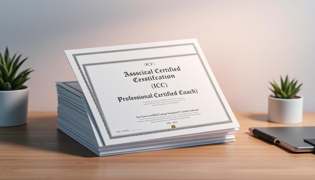 A neatly organized desk with a stack of ICF-approved coaching certifications, including the Associate Certified Coach (ACC), Professional Certified Coach (PCC), and Master Certified Coach (MCC) credentials. The certificates are presented against a clean, minimalist backdrop, with soft, directional lighting highlighting the details and textures of the paper. The overall mood is one of professionalism, expertise, and a commitment to excellence in the coaching field. The composition is balanced, with the certificates taking center stage, and the surrounding environment serving to frame and accentuate them.