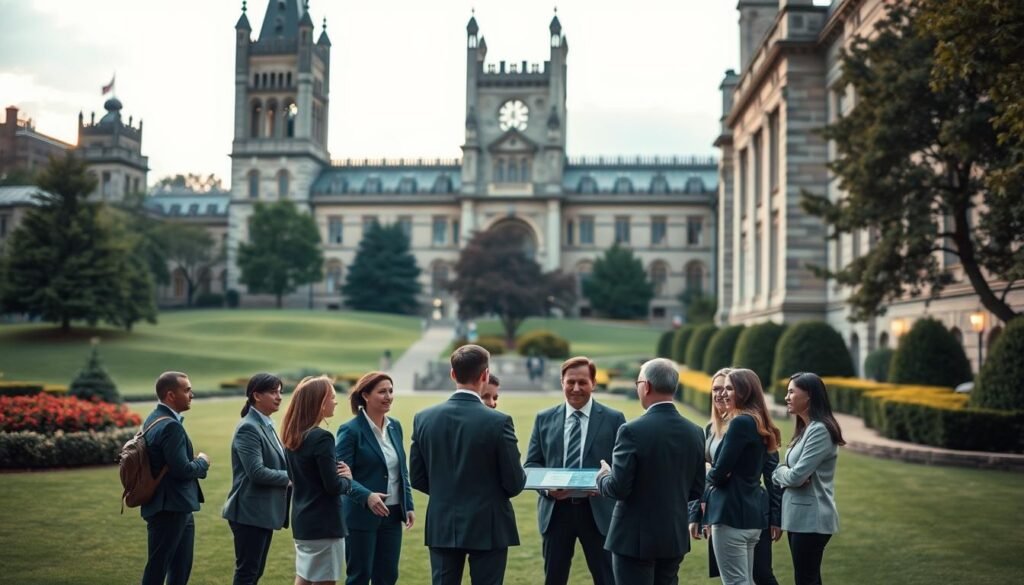 A prestigious university campus set against a backdrop of manicured lawns and towering stone buildings. In the foreground, a group of professionals in business attire engaged in animated discussion, surrounded by interactive displays and learning materials. The lighting is warm and inviting, casting a soft glow over the scene. The composition is balanced, with clean lines and a sense of symmetry that conveys an atmosphere of academic excellence and opportunity for career advancement. The overall mood is one of intellectual stimulation, collaboration, and the promise of personal and professional growth.