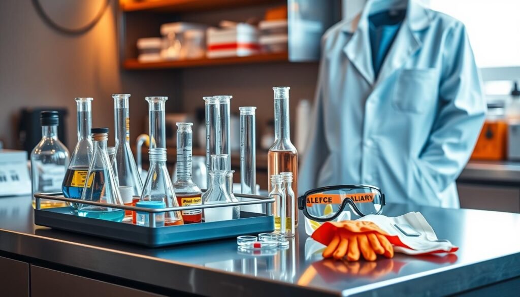 A professional-grade science experiment kit with an assortment of beakers, test tubes, and other lab equipment sits on a sleek, stainless steel counter. Safety gear, including a white lab coat, safety goggles, and latex gloves, is neatly arranged nearby, ready for the scientist. Warm, directional lighting casts a subtle glow, highlighting the precision and care needed for these experiments. The overall scene conveys a sense of scientific inquiry, discovery, and a commitment to safety and responsible exploration.