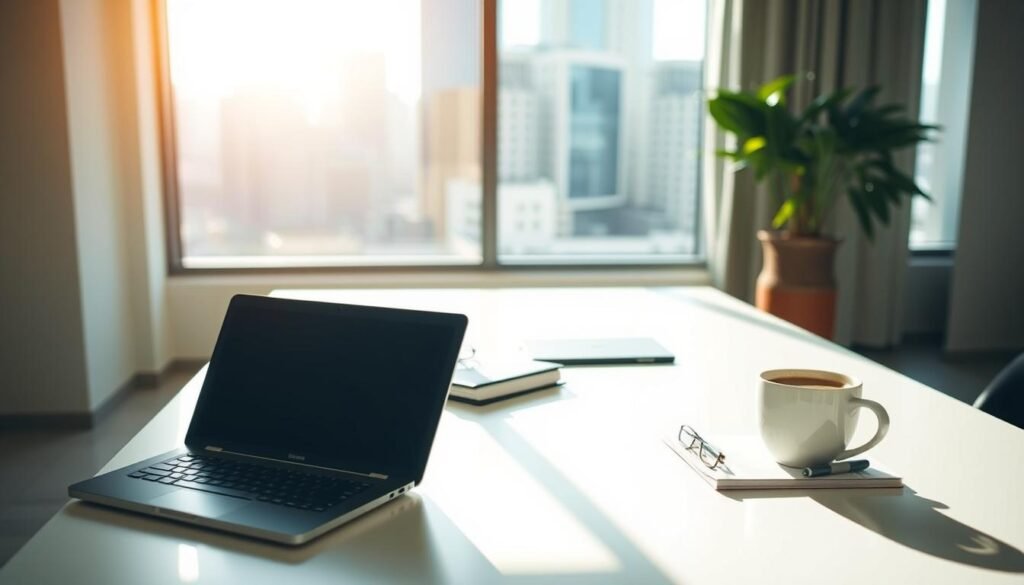 A serene and well-lit workspace, with a laptop, a cup of coffee, and a planner on a clean, minimalist desk. The room is bathed in warm, natural light filtering through large windows, conveying a sense of productivity and focus. In the background, a blurred city skyline can be seen, hinting at the flexibility and convenience of online learning for busy professionals. The overall atmosphere is one of calm efficiency, where the learner can seamlessly integrate their studies into their daily routine.