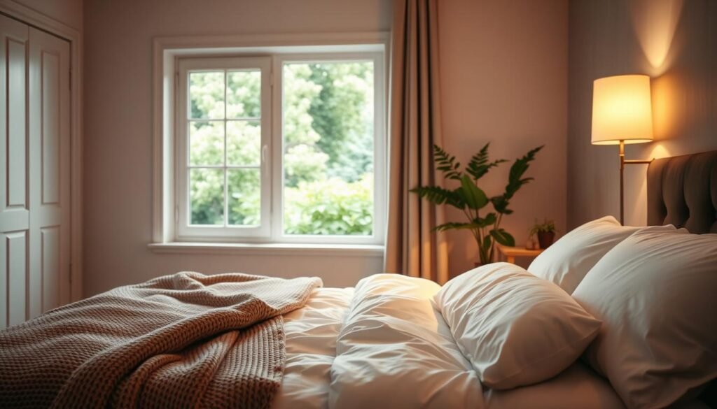 A serene bedroom scene, bathed in soft, warm lighting. In the foreground, a plush, inviting bed with crisp, white linens and a cozy knitted blanket. On the nightstand, a minimalist lamp casts a gentle glow, complemented by a small potted plant. The middle ground features a tranquil window, offering a view of a lush, verdant garden outside, hinting at the restorative power of nature. The background is a neutral, soothing color palette, creating a calming and relaxing atmosphere. The overall composition evokes a sense of rest, relaxation, and improved sleep quality. A serene bedroom scene, bathed in soft, warm lighting. In the foreground, a plush, inviting bed with crisp, white linens and a cozy knitted blanket. On the nightstand, a minimalist lamp casts a gentle glow, complemented by a small potted plant. The middle ground features a tranquil window, offering a view of a lush, verdant garden outside, hinting at the restorative power of nature. The background is a neutral, soothing color palette, creating a calming and relaxing atmosphere. The overall composition evokes a sense of rest, relaxation, and improved sleep quality.