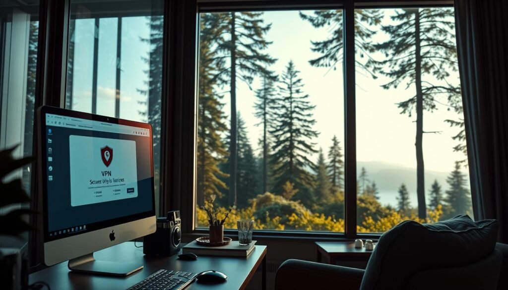 A serene, modern home office with a large window overlooking a lush, tranquil forest. In the foreground, a sleek desktop computer and a VPN client interface are prominently displayed, conveying the idea of secure online connectivity. The middle ground features a cozy reading nook with a comfortable armchair, a cup of coffee, and a smartphone - symbolizing the ability to stream content safely and privately. The background showcases the silhouettes of tall, swaying trees, casting a warm, natural glow throughout the scene. The overall atmosphere is one of productivity, relaxation, and digital privacy, perfectly encapsulating the concept of "NordVPN for Streaming and Torrenting".