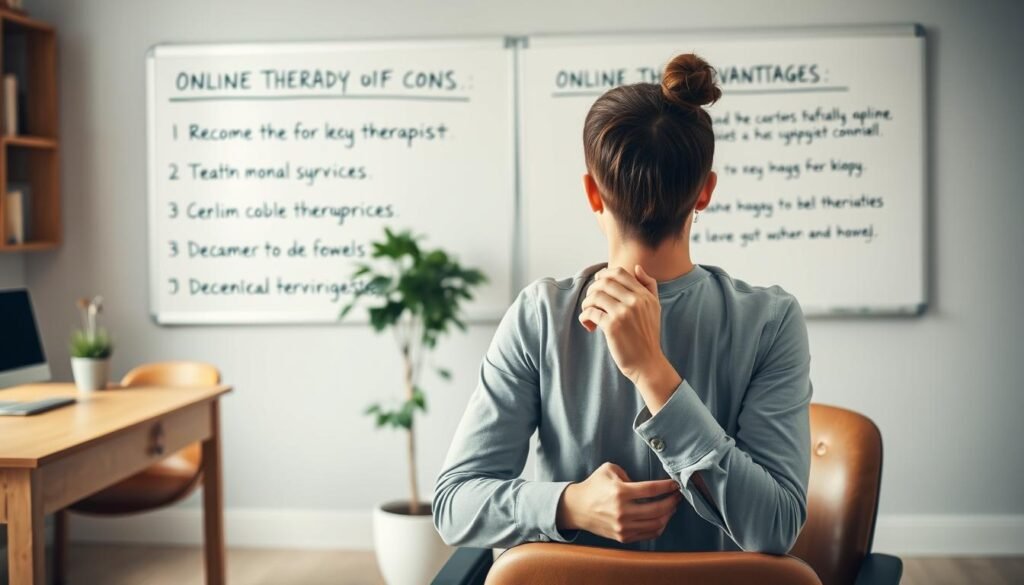 A serene, well-lit office setting with a wooden desk, comfortable chair, and a potted plant. In the foreground, a thoughtful therapist sits facing the viewer, their hands clasped as they consider the pros and cons of online therapy. The background features a whiteboard with handwritten bullet points outlining the key advantages and disadvantages, creating an introspective and educational atmosphere. The lighting is soft and diffused, evoking a sense of professionalism and contemplation. The overall composition conveys the balance and nuance involved in evaluating the merits of online mental health services.