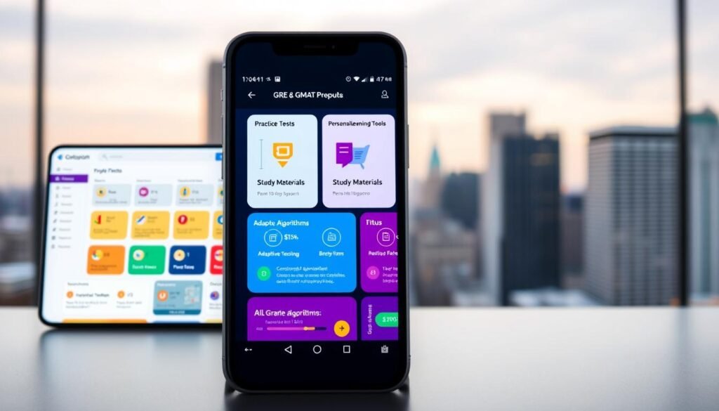 A sleek and intuitive mobile app interface showcasing a comprehensive GRE and GMAT prep suite. In the foreground, a clean user dashboard displays organized sections for practice tests, study materials, and personalized learning tools. The middle ground features vibrant infographics highlighting key features like adaptive algorithms and performance tracking. In the background, a blurred cityscape backdrop conveys a sense of productivity and academic excellence. Soft lighting and a minimalist color palette create a modern, user-friendly atmosphere, perfect for boosting exam confidence and success.
