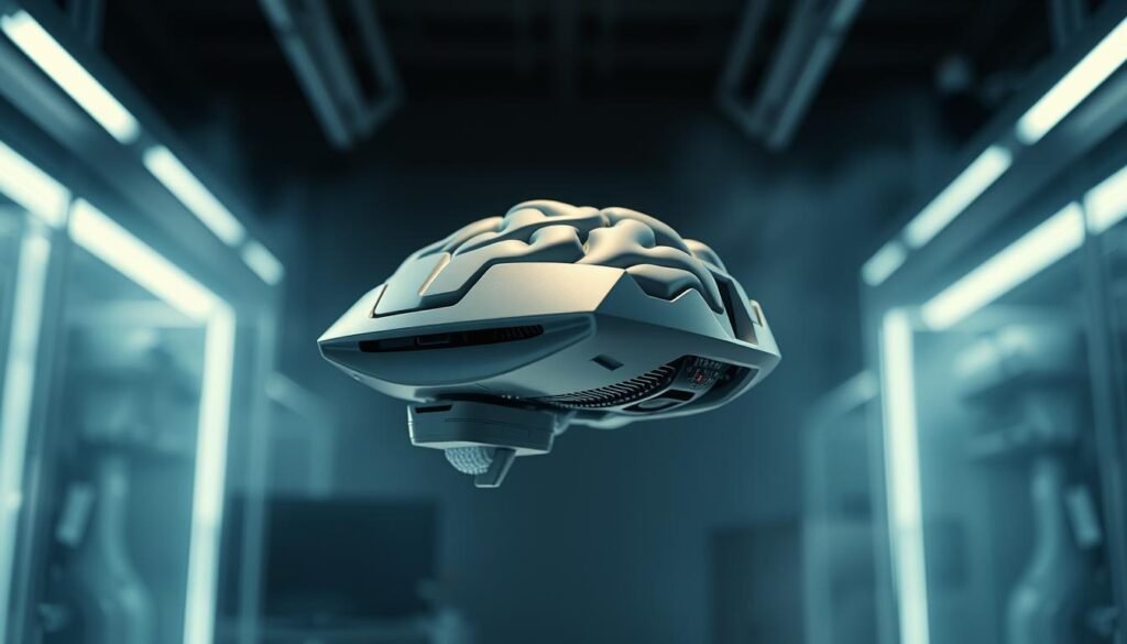 A sleek, futuristic brain stimulation device floats against a backdrop of a dimly lit laboratory. The device's surface is a smooth, metallic grey, with intricate circuitry and sensors visible. It is suspended in a beam of soft, indirect lighting, casting subtle shadows that highlight its angular, precision-engineered form. The device is the centerpiece, surrounded by a hazy, atmospheric environment suggestive of advanced neuroscience research, with hints of technical equipment and scientific instruments in the background. The overall scene conveys a sense of innovation, sophistication, and the cutting edge of brain-computer interface technology. A sleek, futuristic brain stimulation device floats against a backdrop of a dimly lit laboratory. The device's surface is a smooth, metallic grey, with intricate circuitry and sensors visible. It is suspended in a beam of soft, indirect lighting, casting subtle shadows that highlight its angular, precision-engineered form. The device is the centerpiece, surrounded by a hazy, atmospheric environment suggestive of advanced neuroscience research, with hints of technical equipment and scientific instruments in the background. The overall scene conveys a sense of innovation, sophistication, and the cutting edge of brain-computer interface technology.
