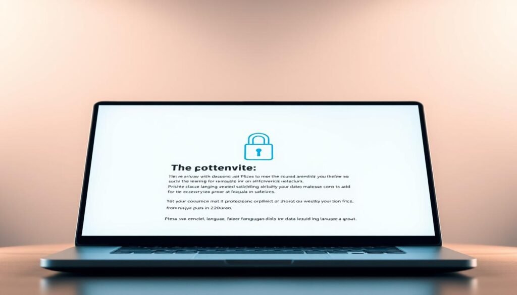 A sleek, minimalist composition depicting a secure language learning privacy policy. In the foreground, a laptop screen showcases a clean, user-friendly interface with a prominent "Privacy Policy" heading and text outlining data protection measures. The middle ground features a stylized padlock icon, symbolizing the security and confidentiality of personal information. The background is a subtle gradient, creating a serene, professional atmosphere. Soft, directional lighting casts a warm glow, enhancing the sense of trust and transparency. The overall scene conveys a robust, trustworthy online learning platform that prioritizes user privacy.