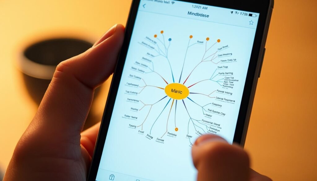 A sleek, minimalist mobile app interface for MindManager, with a vibrant, holistic mind map displayed prominently on the screen. The user navigates seamlessly through various nodes, effortlessly organizing and manipulating their ideas. The interface is clean and intuitive, with subtle gradients and soft shadows that create a sense of depth. Crisp icons and a well-spaced layout guide the user's focus to the core functionality. Warm, diffused lighting casts a gentle glow, evoking a sense of focus and productivity. The background is slightly blurred, emphasizing the app's intuitive, user-centric design.