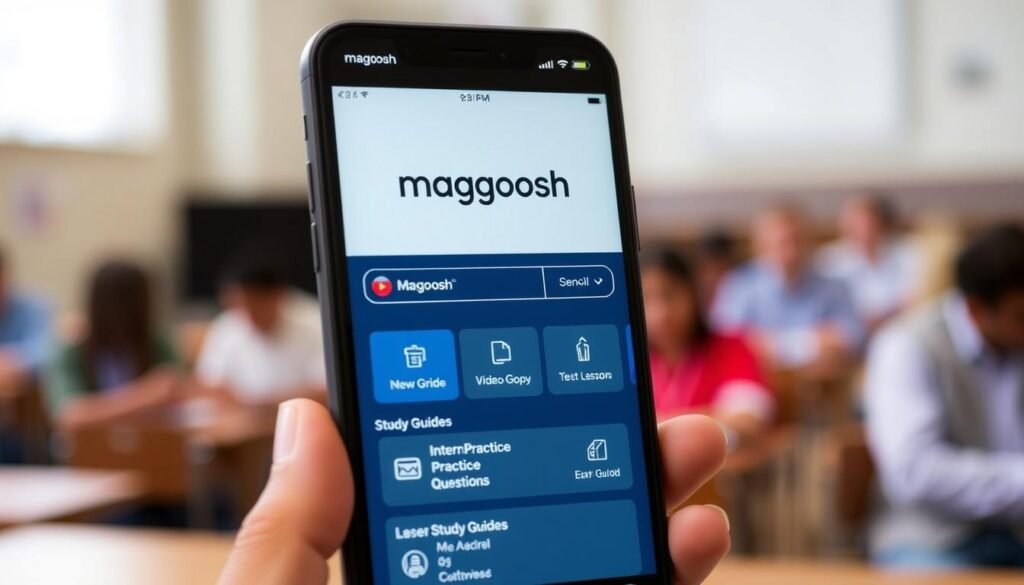 A sleek, modern mobile app interface featuring the Magoosh logo prominently displayed. The screen shows a clean, organized dashboard with options for GRE test prep resources, including interactive practice questions, video lessons, and study guides. The app has a minimalist, intuitive design with a calming blue and gray color scheme. The background features a blurred image of an exam hall or classroom, conveying the academic focus. Soft, diffused lighting creates a warm, approachable atmosphere, inviting the user to engage with the comprehensive GRE preparation tools.